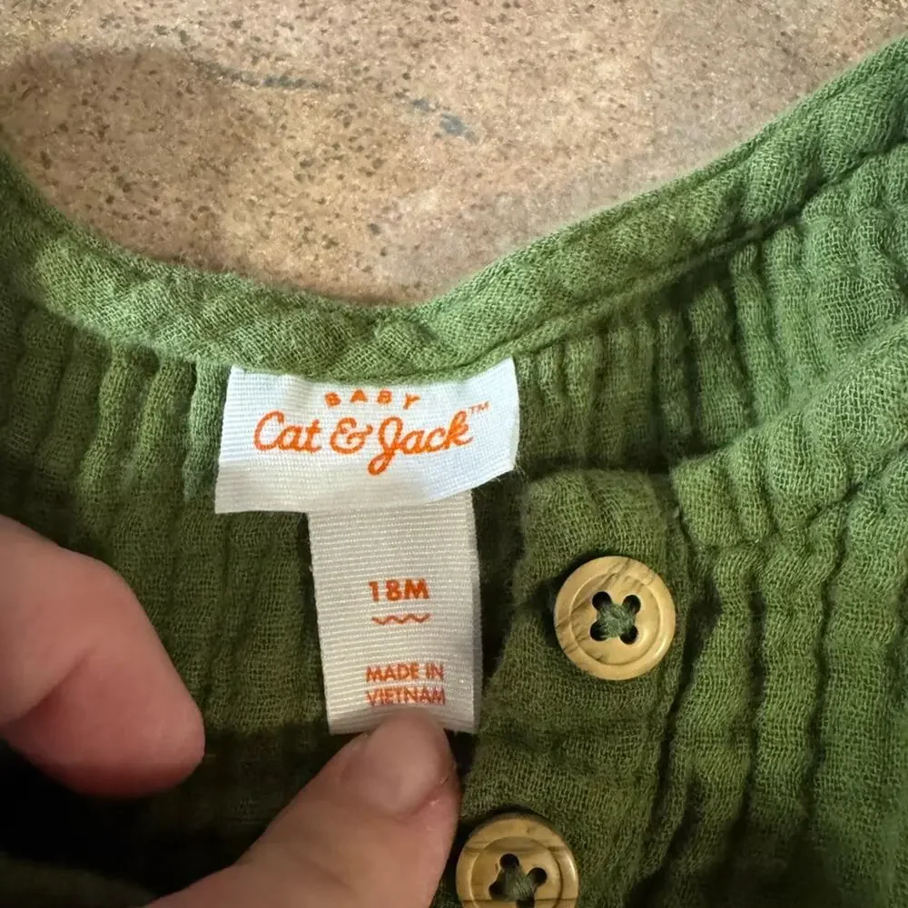 Cat & Jack Adorable Baby Girl Green Boho Sleeveless Romper, Size 18M Ruffles